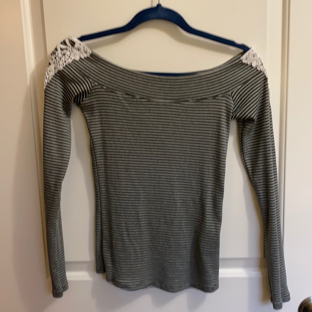 Green and white striped top with lace on shoulders